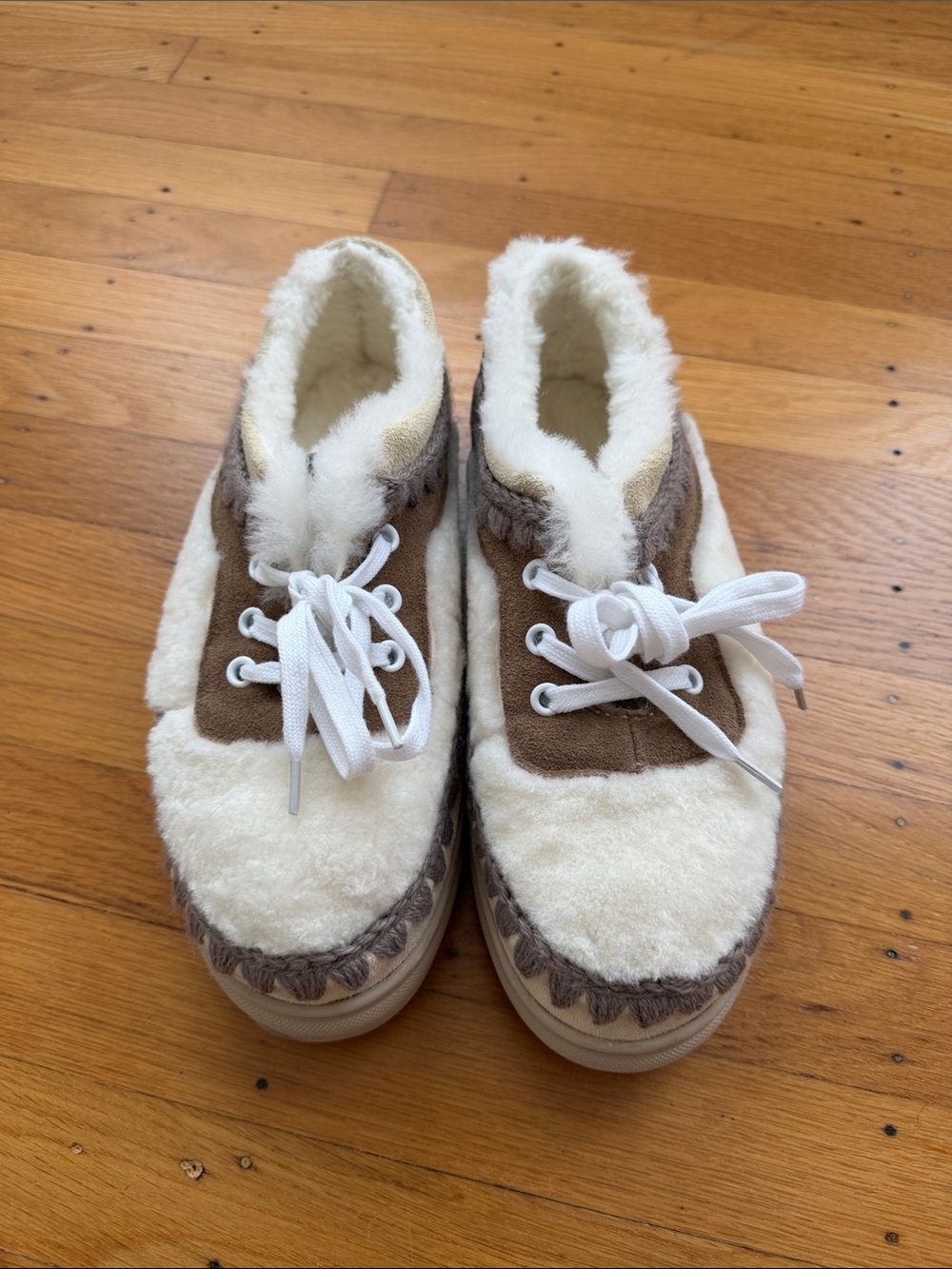Mou Cream and Brown Faux-Shearling Lace-Up Sneakers